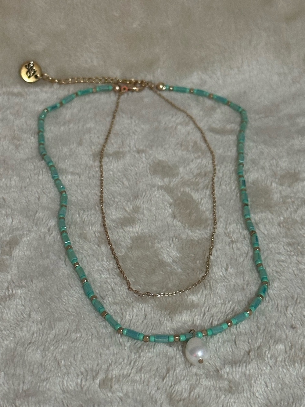 Plunder Gold Tone & Turquoise Tone Beaded Layered Necklace, Faux Pearl Accent
